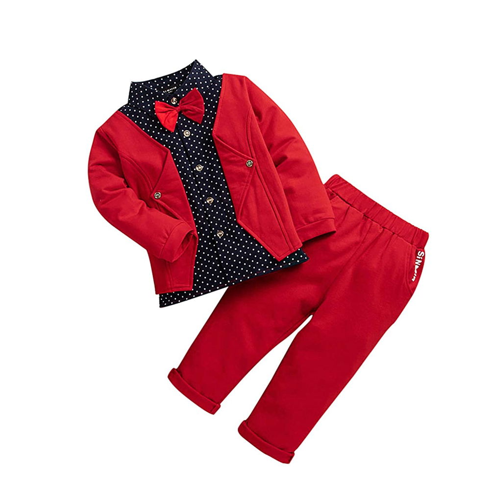 Boys Cotton Blazer Style Shirt and Pant Set in Red Colour