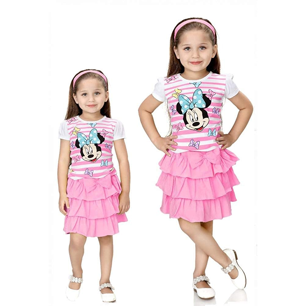 Girls Pink & Lemon Minnie Mouse Skirt Top Set