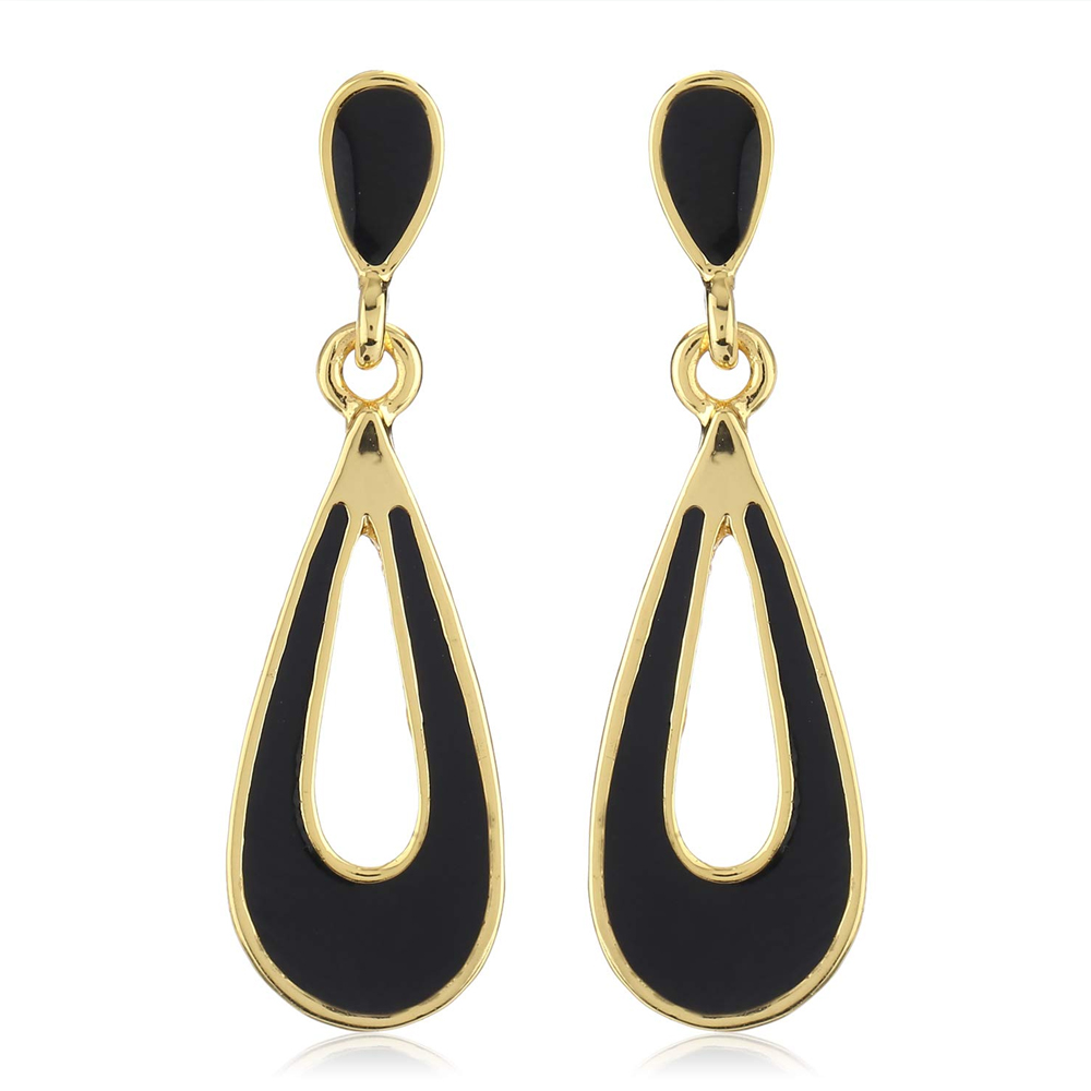 Gold Tone Plated Black Enamel Small Drop Earrings